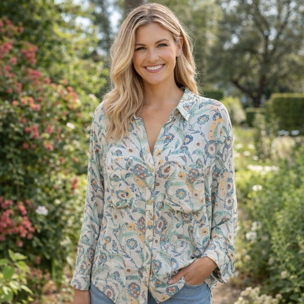 Pilcro by Anthropologie Remy Relaxed Floral Button Down Boho Garden Feminine XL